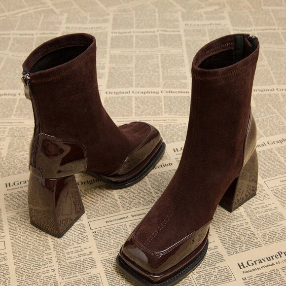 Burgundy Elegant Women's Waterproof Platform High Heel Boots - Picture 4 of 5